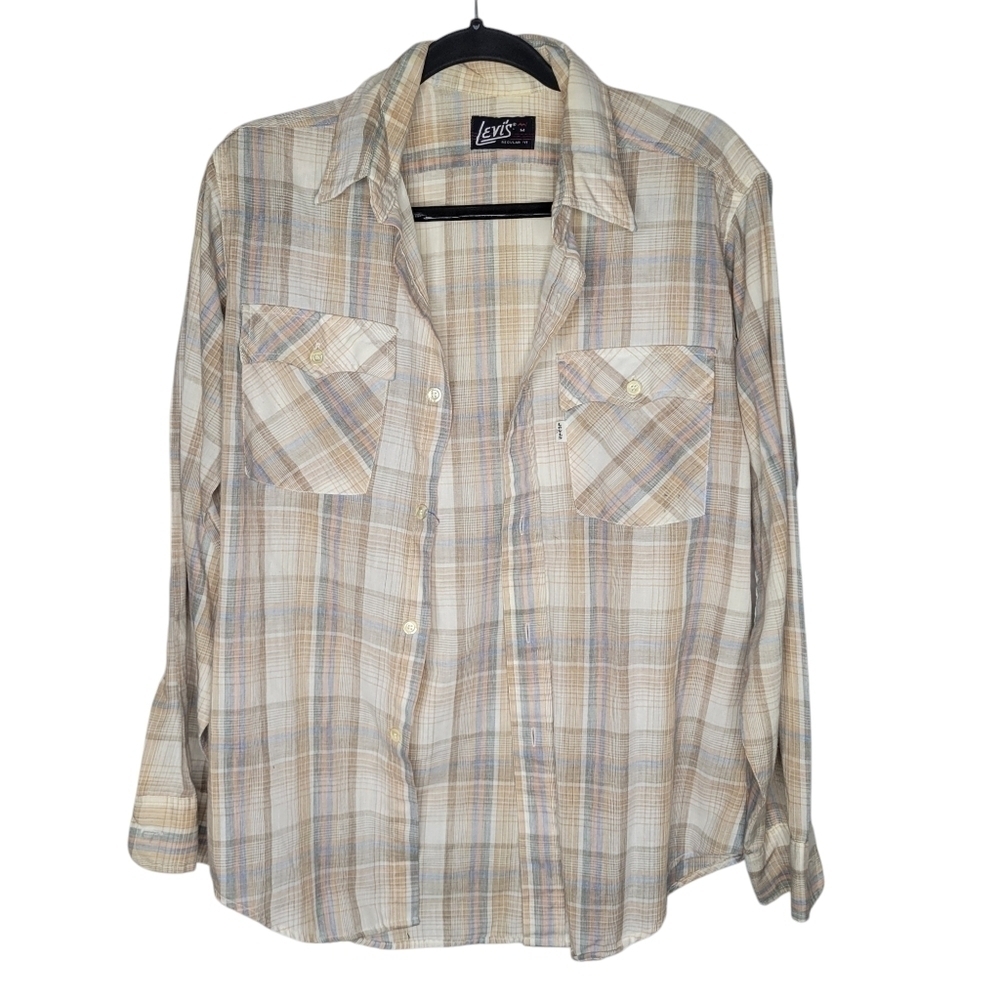 Vintage 80s Levis White Tag Plaid Button Down Shirt Size Medium Tan Blue